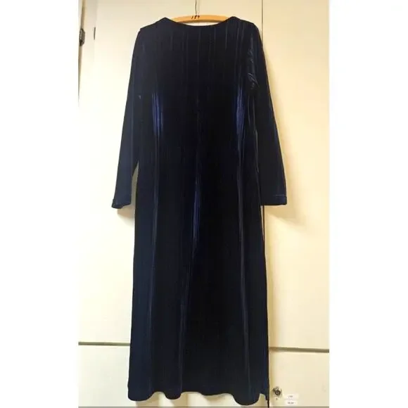 Avon Vintage 90s Navy Blue Ribbed Velvet Dress Witchy Goth Whimsigoth Minimalist - Picture 3 of 7